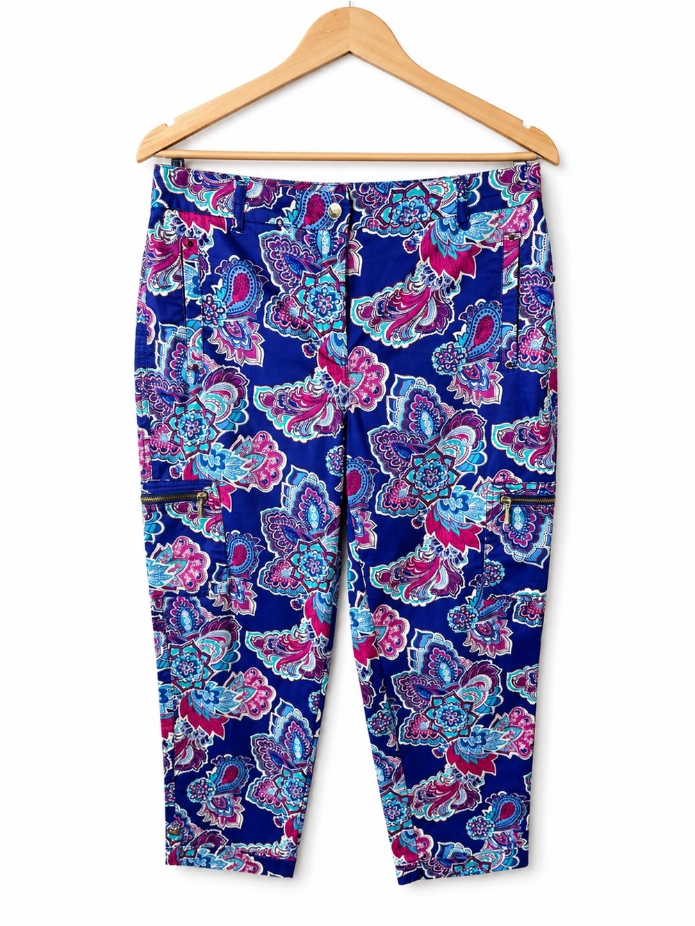 Chico’s Blue Paisley Crop Pants SZ 6 Pink Teal Stretch Pull-On Capri Resortwear